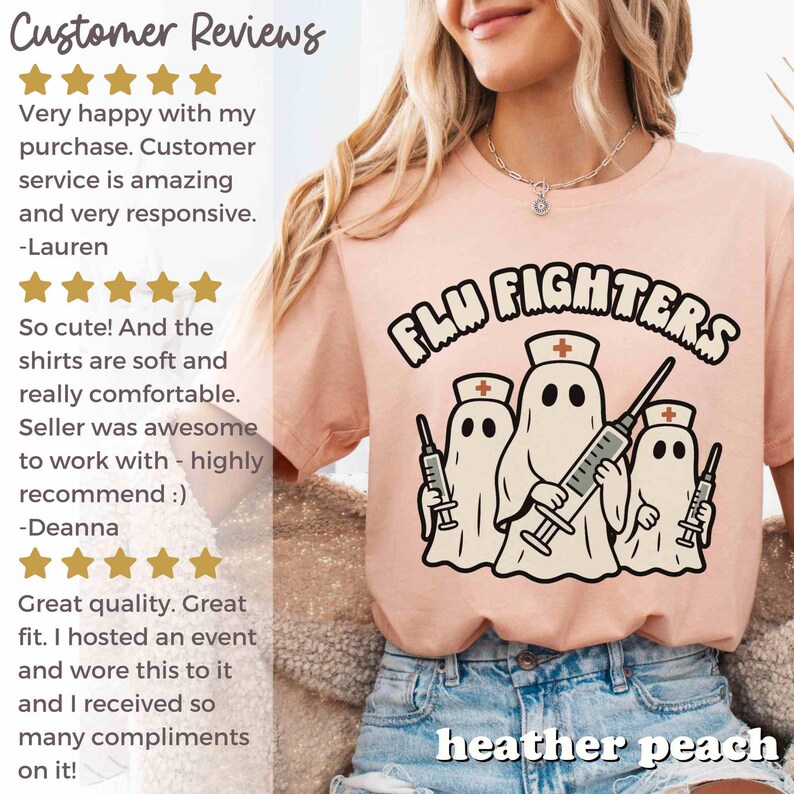 May include: Peach-coloured t-shirt featuring the words "Flu Fighters" and a graphic of three ghost figures wearing nurse hats and holding syringes. The shirt also has customer reviews.