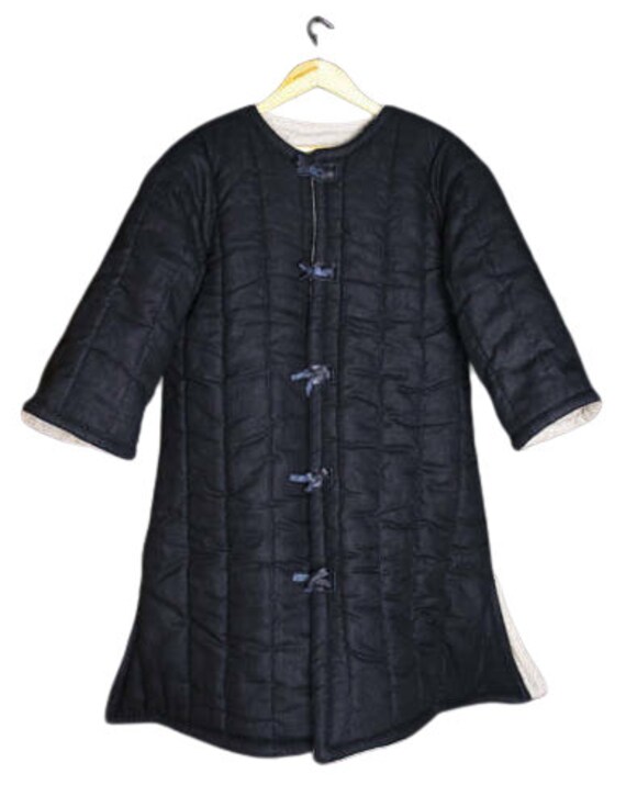 Black Medieval Thick Padded Half Length Full Sleeves Gambeson Coat Aketon Jacket Armor Cotton Fabric