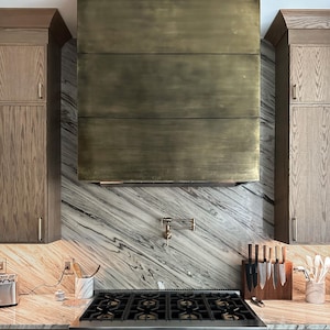 Custom Brass Range Hood: Vintage Patina, Modern Farmhouse Kitchen Decor