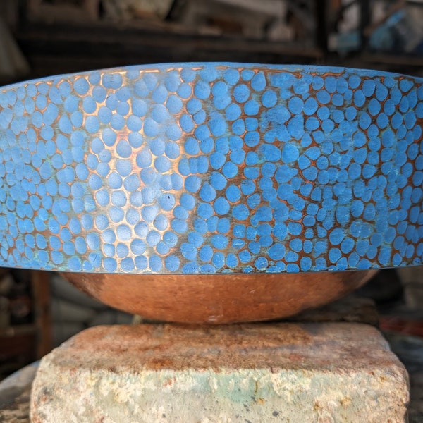 Hammered Copper Bathroom Sink with Blue Patina - Drop-in Round