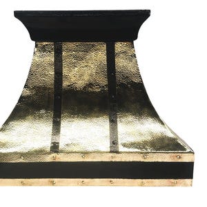 Amoretti Brothers Hammered Brass Farmhouse Range Hood with Blackened Straps & Crown