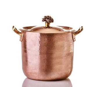 Solid Handmade Copper Stockpot 23.5 Qt with Bronze Flower Lid - Copper Cooking Pot - Handled Copper Pot - Vintage Pot - Handmade Copper Pot