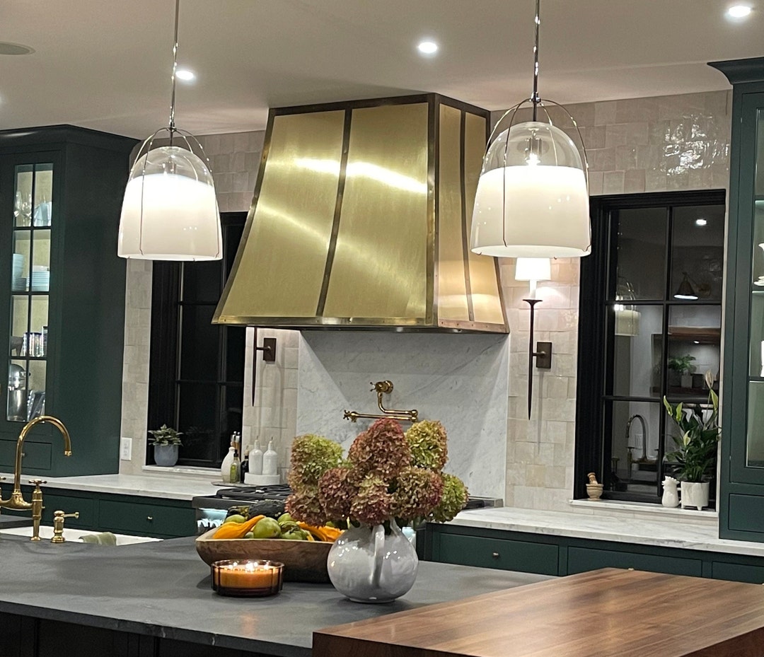 Brushed Brass Range Hood With Vintage Patina Straps, Custom Kitchen