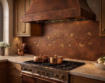 Hammered Copper Backsplash with Vintage Patina & Leaf Design | Handmade Italian Style Kitchen Wall Panel | Custom Sizes