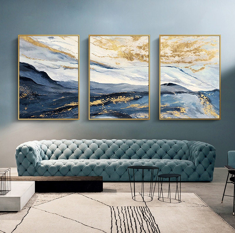 Set of 3 Blue Gold Abstract Wall Canvas Art Print Painting Art Etsy