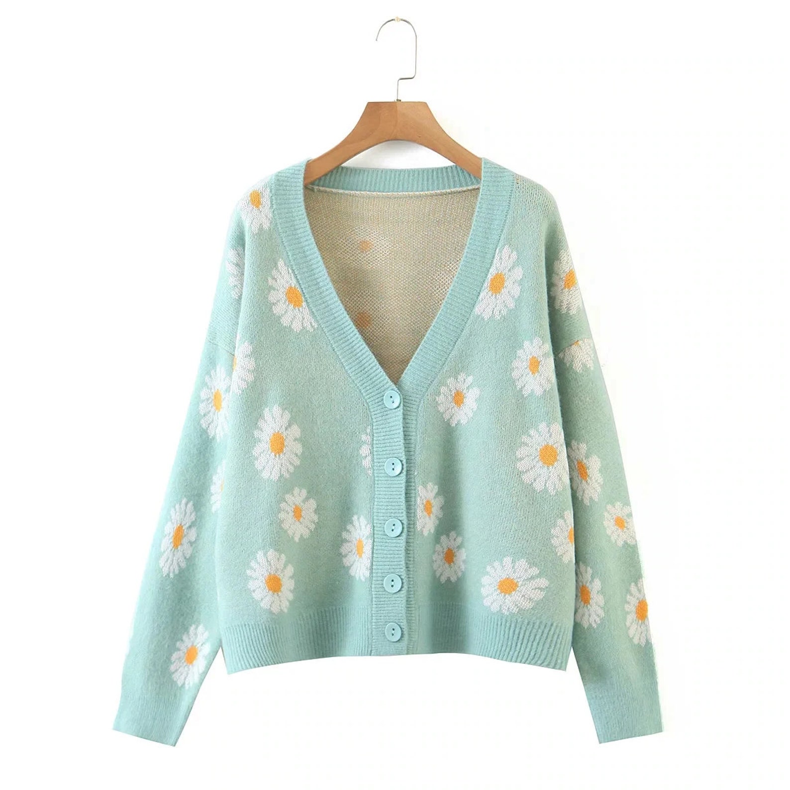 Daisy Flower Knitted Sweater Cardigan Long Sleeve Outwear Etsy