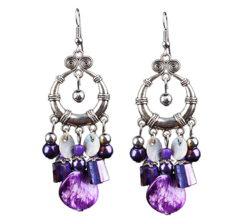 Purple Flower Beads Boho Ethnic Vintage Earrings Jewelry