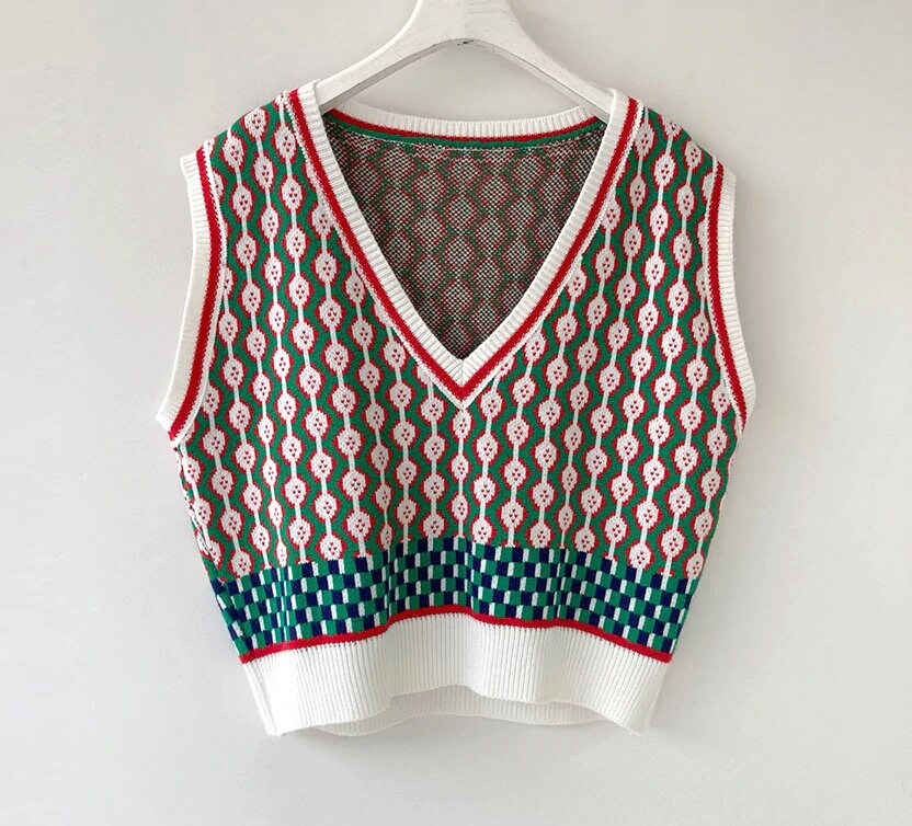 Geometric V Neck Knitted Sweater Jumper Vest Outwear | Etsy