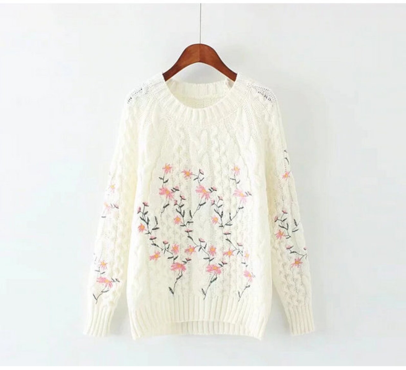 White Pink Flower Embroidery Sweater Jumper Etsy