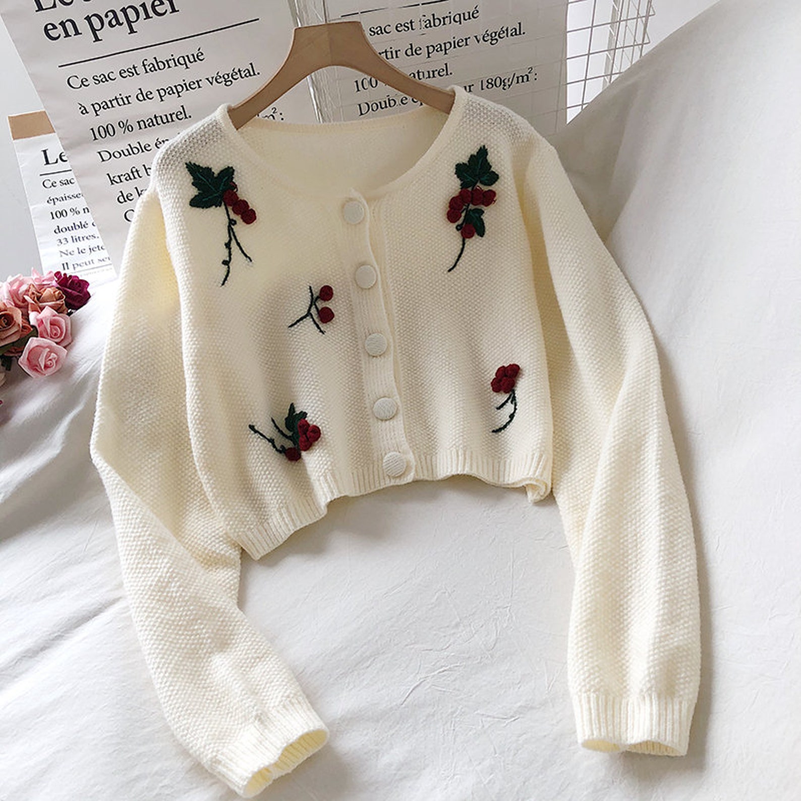 Crochet Floral Crop Knit Sweater Cardigan | Etsy