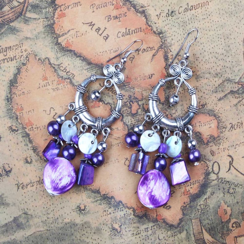 Purple Flower Beads Boho Ethnic Vintage Earrings Jewelry