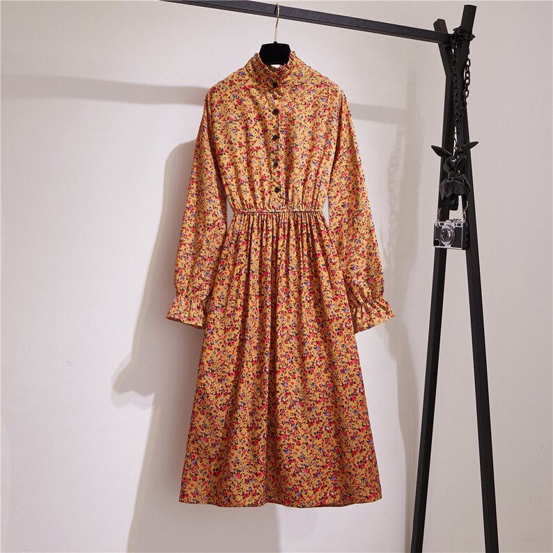 Orange Flower Floral Button Vintage Retro Women Dress