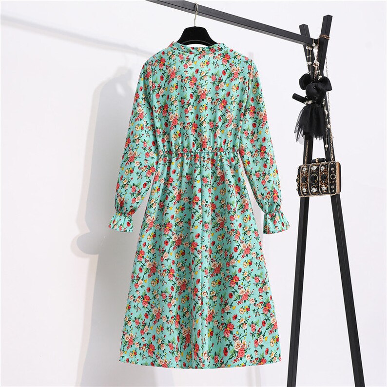 Green Flower Bow Vintage Retro Women Dress