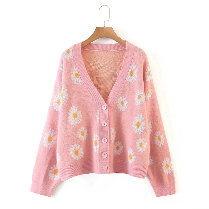 Daisy Flower Knitted Sweater Cardigan Long Sleeve Outwear Etsy