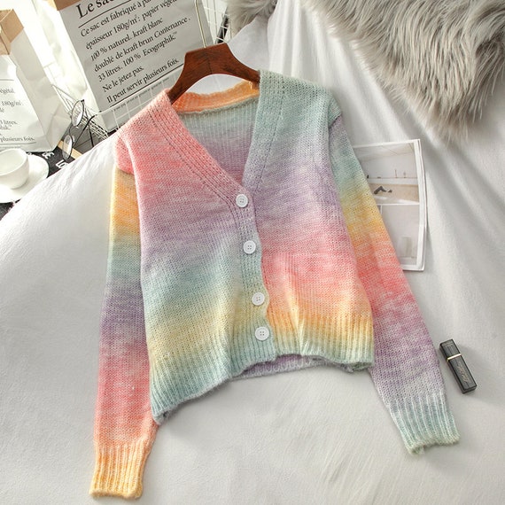 V Neck Striped Rainbow Colors Knitted Sweater Cardigan Long | Etsy