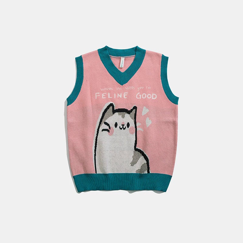 Cat V Neck Vest Knitted Sweater Sleeveless Outwear Etsy