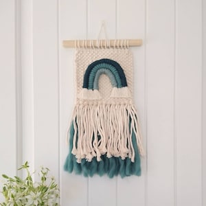 Small Teal Rainbow Wall Hanging / Woven Rainbow Weaving / Macrame Rainbow / Rainbow Nursery Tapestry Art