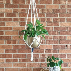 Può includere: Un portavasi in macramè bianco con un fiocco nero è appeso a un gancio su un muro di mattoni. Una pianta verde in un vaso dorato è sospesa nel portavasi. Una pianta verde più piccola in un vaso bianco con un motivo geometrico si trova su un tappetino intrecciato.