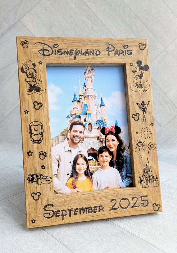 Personalised Disneyland Paris or Disney World Orlando Photo Frame: Engraved Keepsake Gift - Fits 4"x6" or 5"x7" Photo