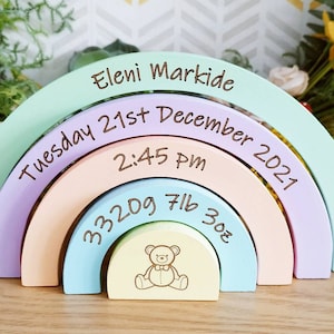 Personalised Wooden Rainbow Baby Stacker with Baby Statistics Laser Engraved - New Baby, Christening Gift - Family Gift