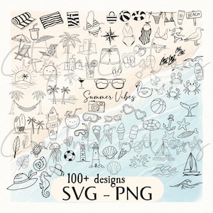 Può includere: Illustrazioni in bianco e nero di oggetti a tema estivo, tra cui accessori da spiaggia, cibo e vita marina. La frase "Summer Vibes" è scritta in corsivo. L'immagine include anche il testo "100+ designs SVG - PNG".