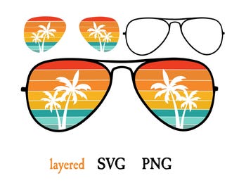 Archivo SVG de gafas de sol con palmeras de playa retro para Cricut. Vector de gafas de sol. Gafas de sol retro SVG. Silueta de gafas de sol de palmera. Pegatinas para coche.