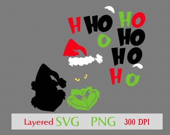 May include: A digital graphic featuring elements of a Christmas character. The design includes a silhouette, a green face, a red Santa hat, and the words "HO HO HO" in various colors. The image also includes the words "Layered SVG PNG 300 DPI".