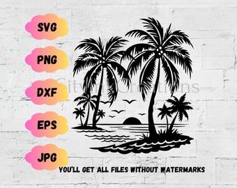 Beach palm trees SVG Palm trees PNG Ocean palm trees Vacation svg Scene instant palm island scene svg summer beach svg beach life svg