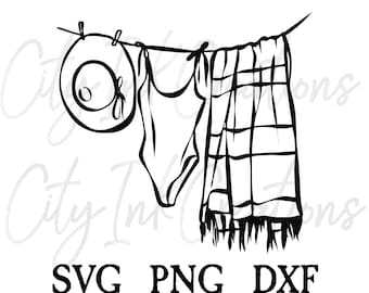 Clothesline SVG Hand drawn Clothesline outline laundry room decor black and white laundry room art Swimsuit svg beach clothes svg summer svg