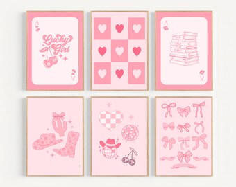 Trendy wall art set of 6 prints Coquette room decor for teens Dopamine decor Pink girly room print Girly pink poster set Girl nursery decor