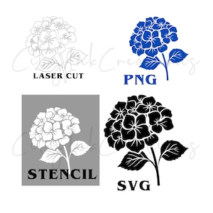 May include: A collection of hydrangea flower designs in various formats. Includes a laser cut outline, a blue PNG, a stencil design, and a black SVG. Each design features a detailed floral arrangement with leaves and stems.