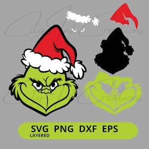 Peut inclure: Personnage vert du Grinch portant un chapeau de Père Noël rouge et blanc. Le Grinch a l'air en colère avec les sourcils froncés. L'image est un fichier SVG, PNG, DXF et EPS superposé.