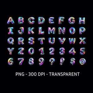 Letras de globo 3D Y2K PNG Alfabeto holográfico 3D Fuente Sublimación Letras imprimibles Decoración de globos para despedida de soltera Letras para fiesta de cumpleaños