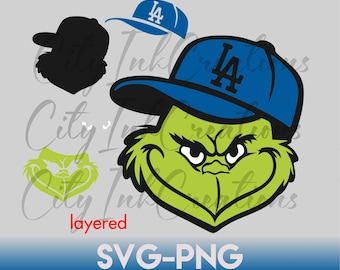Grinch face SVG layered files for Cricut LA baseball PNG Los Angeles baseball svg Christmas clipart Blue cap svg