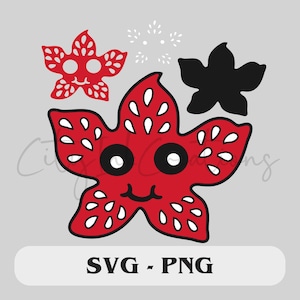 May include: A red, cartoon-style Demogorgon flower with white accents and a smiling face. The image includes a smaller red flower, a black flower, and the text "SVG - PNG" on a white banner, all on a gray background.