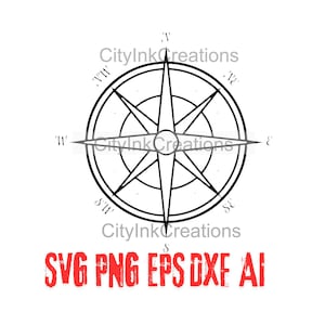 May include: A black and white compass with a star-shaped design and the directions N, S, E, W, NE, NW, SE, and SW labeled around the compass.