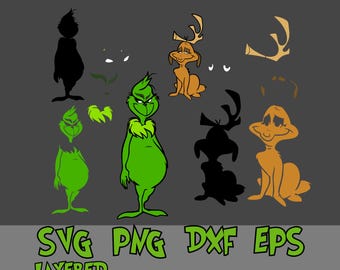 May include: A layered SVG, PNG, DXF, and EPS digital file set featuring a green Grinch, a brown Max the dog, and a black silhouette of Max. The Grinch is wearing a red Santa hat and a green fur coat. Max is wearing a red collar and a green Santa hat. The silhouette of Max is wearing a red collar.