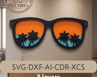 Sunglasses Wall Art SVG Laser Cut File | Tropical Sunset Layered Wood Sign DXF Ai CDR Xcs | Beach Palm Tree Wall Decor | Instant Download