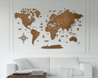 Wooden world map, travel wall decor, push pin map, 3D world map, world map decor, 5th anniversary gift, modern home decor