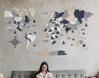 Wooden world map, world map wall art, countries map, grey wall art, scandinavian decor, large wall hanging, best friend gift