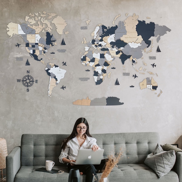 Wooden world map, world map wall art, countries map, grey wall art, scandinavian decor, large wall hanging, best friend gift