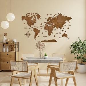 Mapa mundial 3D marrón, mapa mundial de madera, mapa de viajes mundiales, mapa mundial grande, decoración de pared única, regalo de mapa personalizado, regalo del quinto aniversario