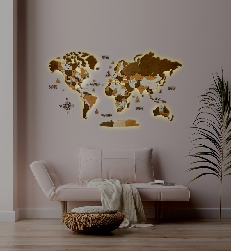 3D Wooden World Map Brown Colors House Wall Decoration Etsy