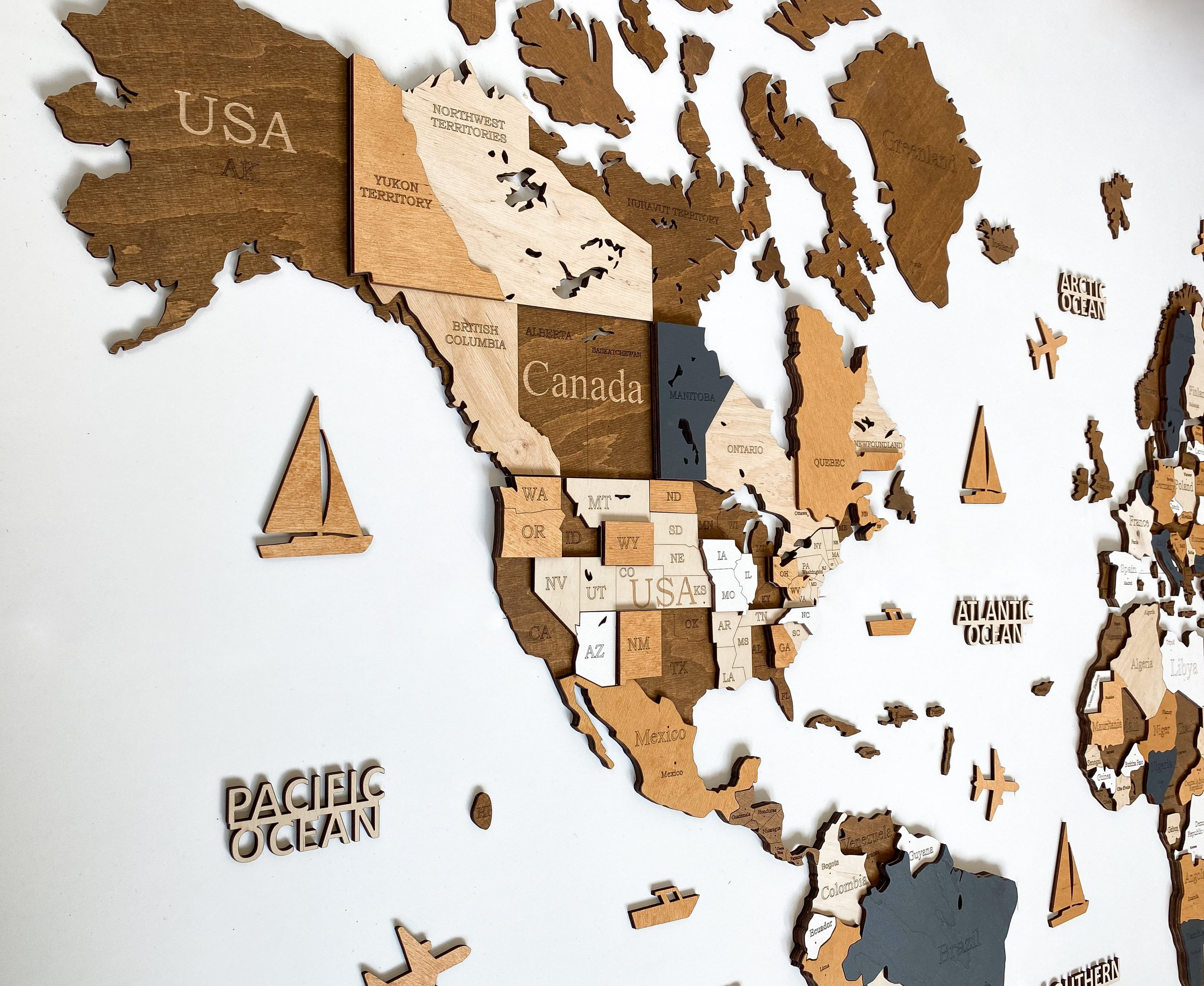 3D Wooden World Map Multicolor