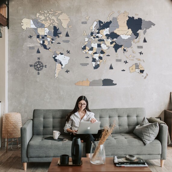 Wooden world map, world map wall art, countries map, grey wall art, scandinavian decor, large wall hanging, best friend gift