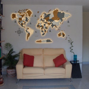 Mapa mundial LED gris y marrón, mapa mundial de madera, arte de pared LED, mapa de madera del mundo, regalo de mapa personalizado