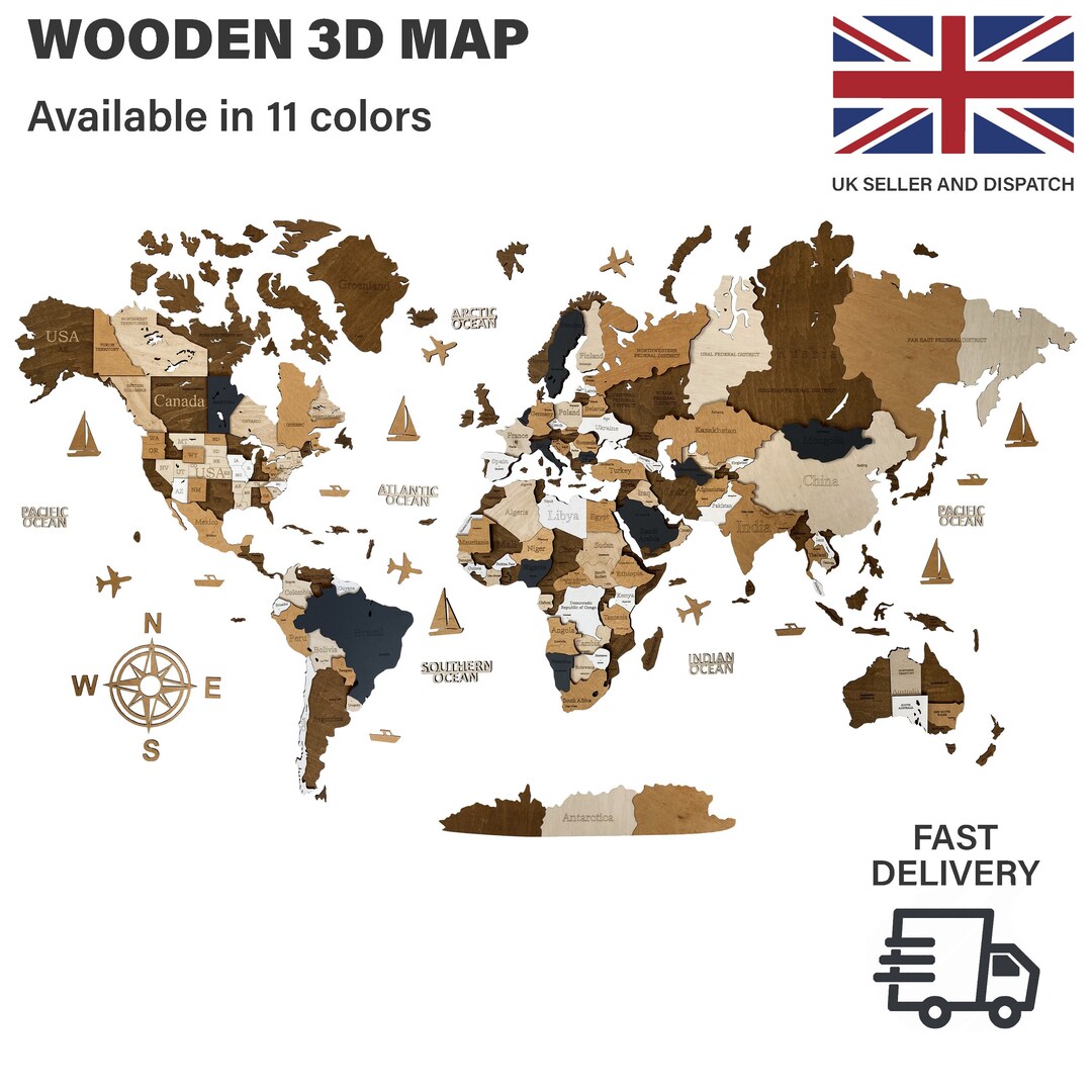 3d Wooden World Map, Brown World Map, Large World Map, Map of the World