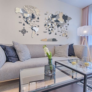 Grijze muurkaart, wereldkaart prikbord, reiziger cadeau, wereldkaart kunst aan de muur, grote wereldkaart, wereldkaart muurschildering