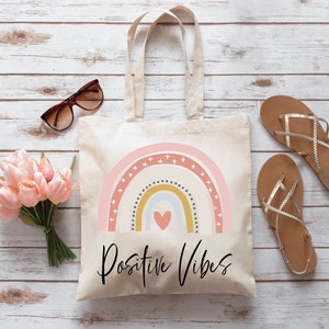 Positive Vibes Tote Bag. Motivational Bag. Rainbow Design Tote. Funny Shopping bag
