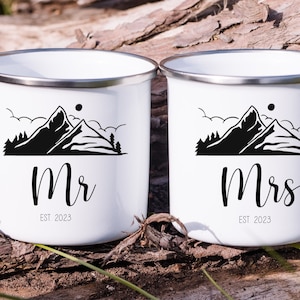 Mr and Mrs Camping Mug Set. Valentines Day Gift for Her for Him. Enamel Mr Mrs Campfire Mugs. Mountains Camp Mug Gift for Couple